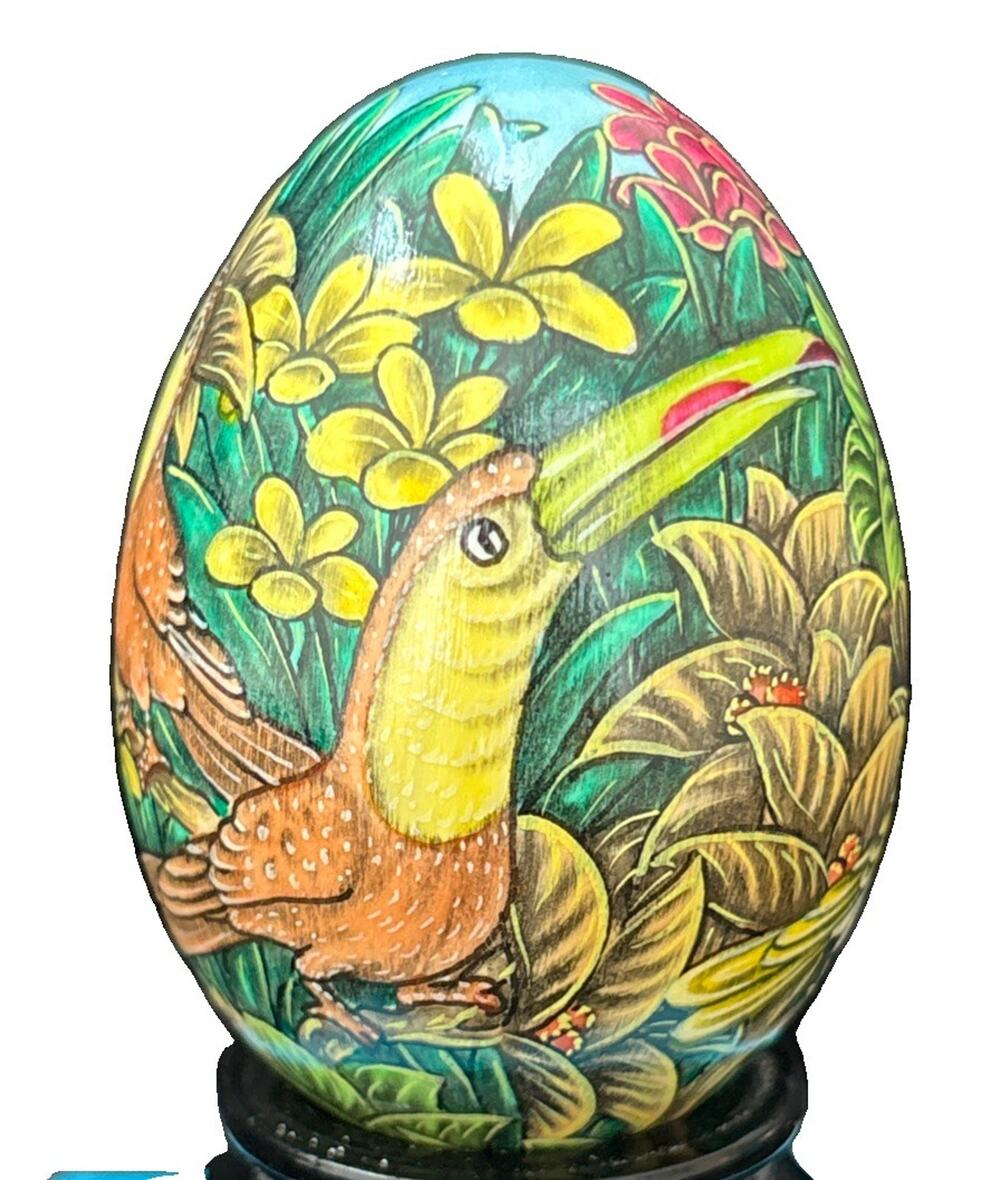 Vintage Hand-painted Tropical Birds On Real Egg in Glass Case Ornate Decorative